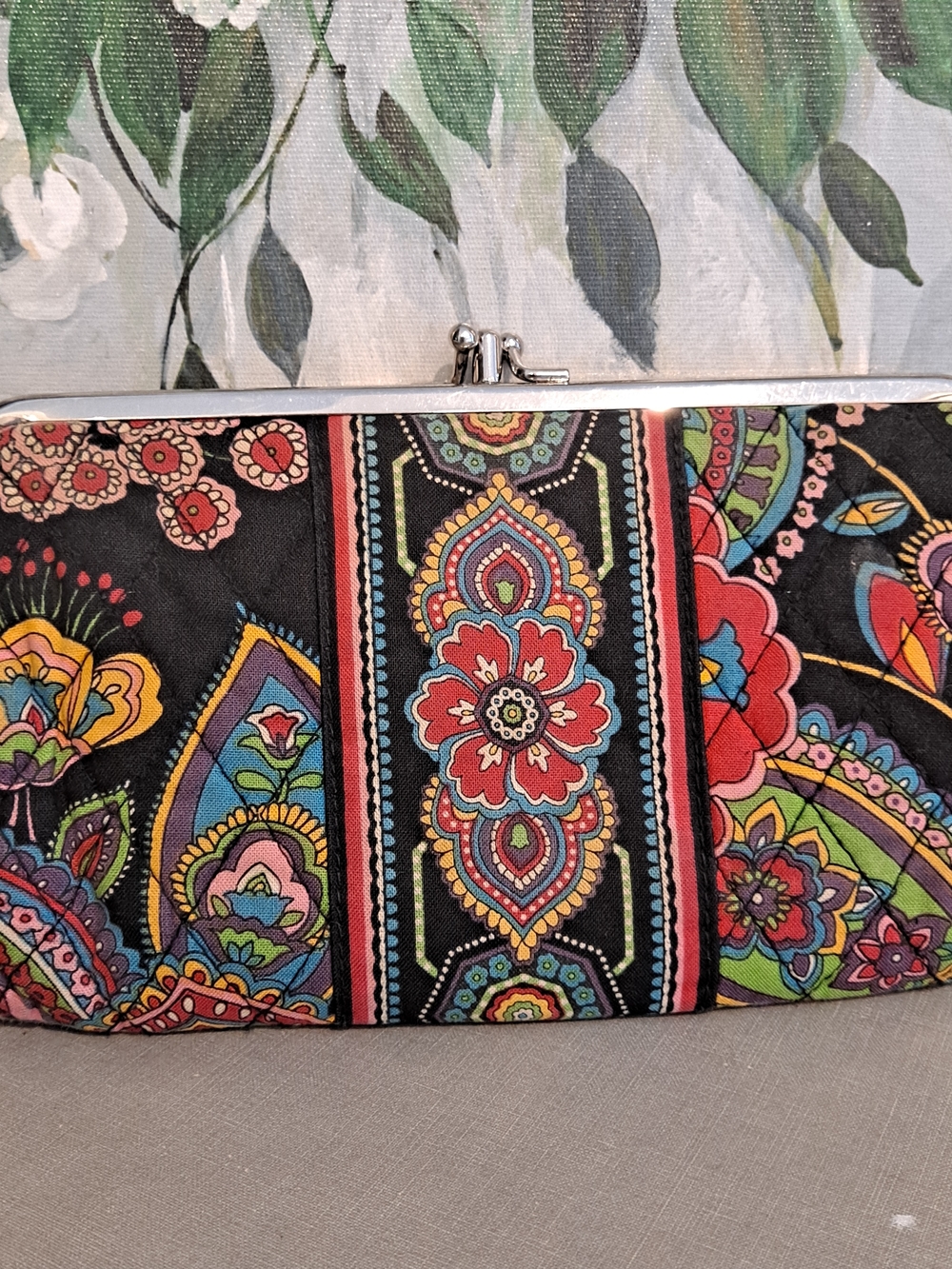 Vera Bradley Black Multi-Color Floral Paisley Frame Clutch Double Kiss Lock